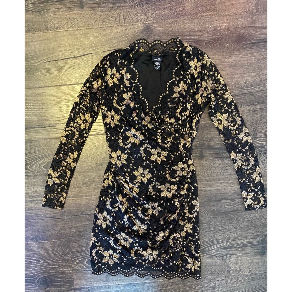 Gold and Black Lace. Long Sleeve Dress.